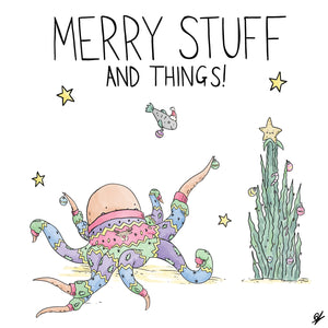 Merry Stuff and Things - An Octopus wearing an eight sleeved Christmas jumper / sweater, dressing some Christmas seaweed