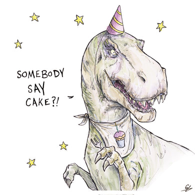 A T-Rex with a party hat and a bib, saying 